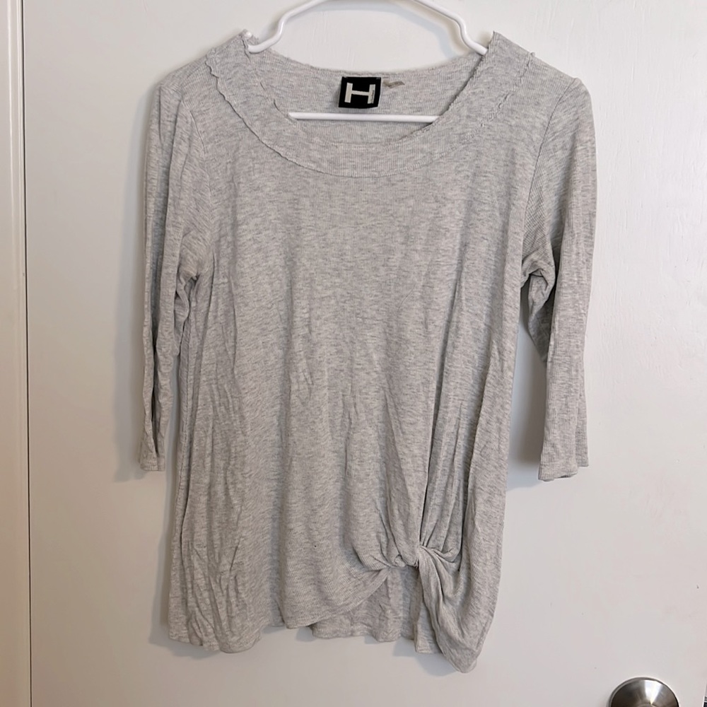 H by Bourdeaux distressed, gray top